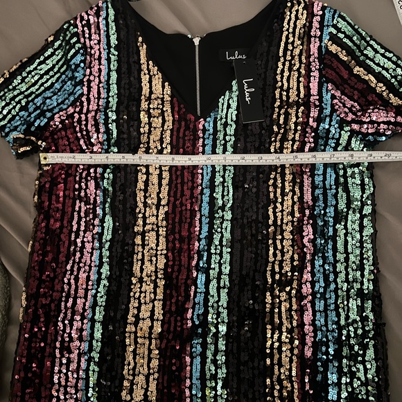 Black Firework Wonders Multi Color Striped Sequin Shift Dress, fully lined, NWT - Picture 4 of 10